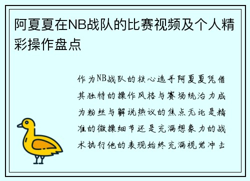 阿夏夏在NB战队的比赛视频及个人精彩操作盘点
