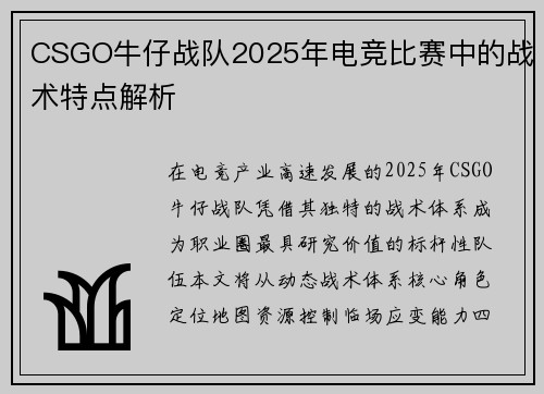 CSGO牛仔战队2025年电竞比赛中的战术特点解析